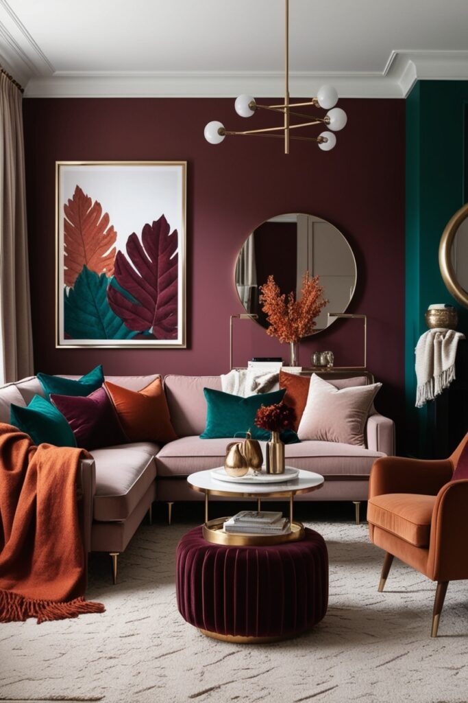 Modern living room with pops of moody fall colors like burgundy, emerald, and burnt orange