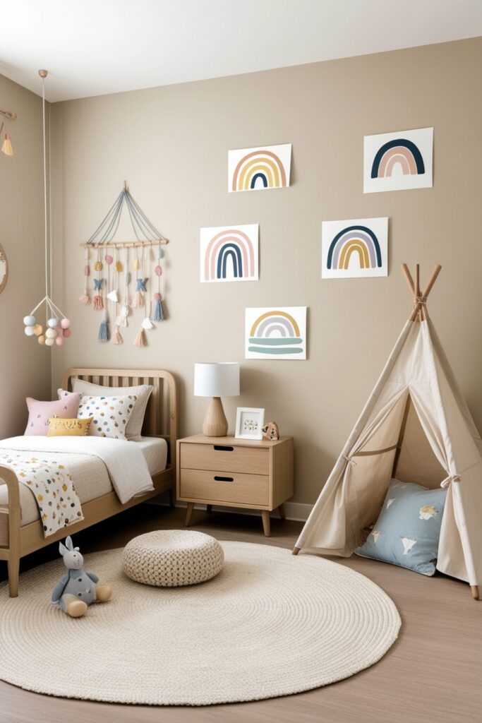 Modern neutral kids’ room with soft gray walls and removable wall decals