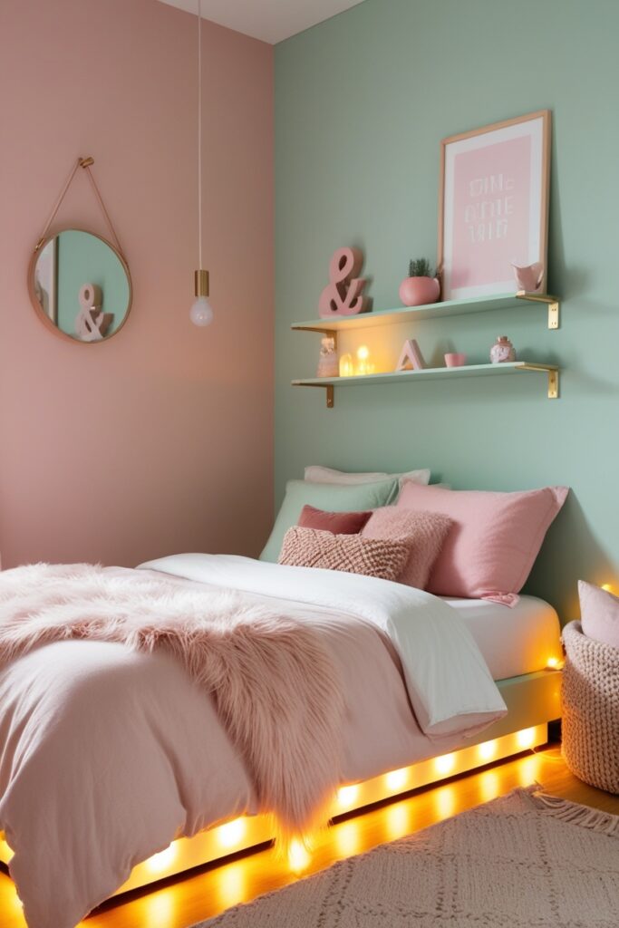 Modern pastel bedroom with soft warm LED strip lights under the bed and shelves