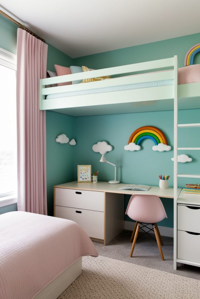 Modern pastel loft bed in light wood with baby blue guard rails, play area or desk below with wall-mounted storage