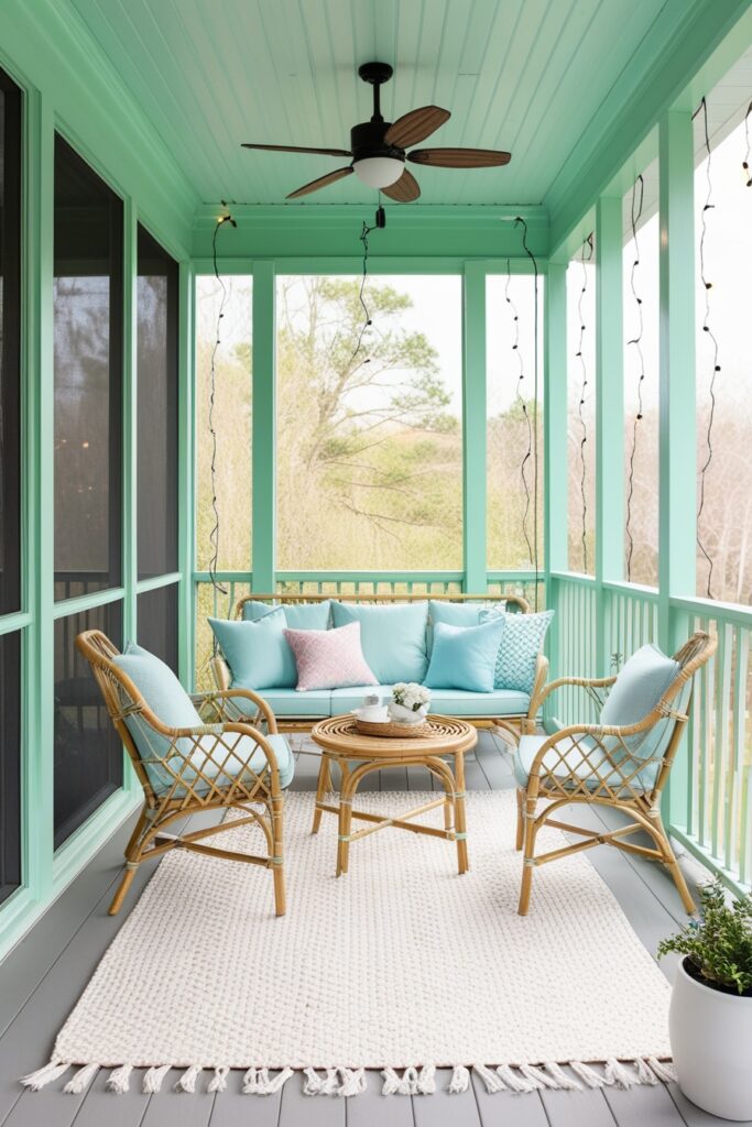 Modern screened-in porch with mint green frames, rattan furniture, baby blue cushions, twinkle string lights