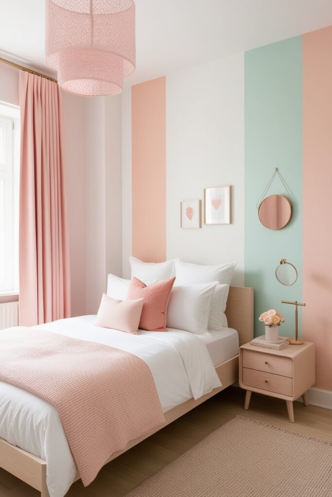 Modern small bedroom with pastel walls, soft white and peach decor, feminine minimalist touches