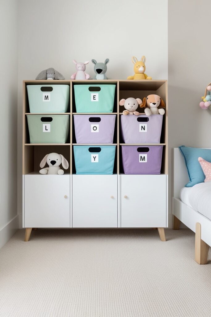 Modern toy shelf with labeled pastel bins