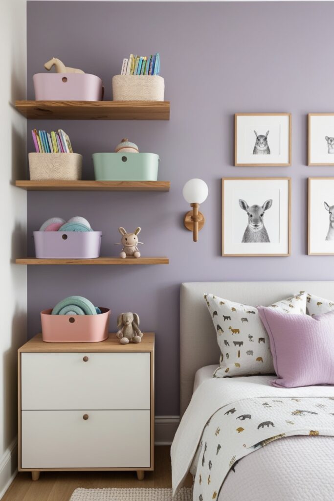 Organized kids’ room with floating pastel shelves
