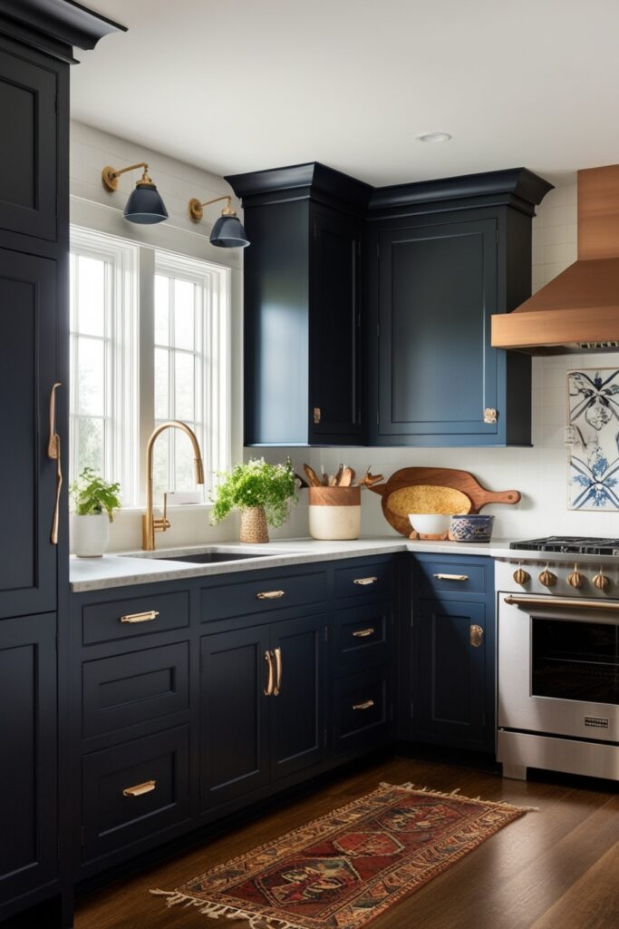 Personalized kitchen with custom black-painted cabinets, hint of navy undertone, satin finish