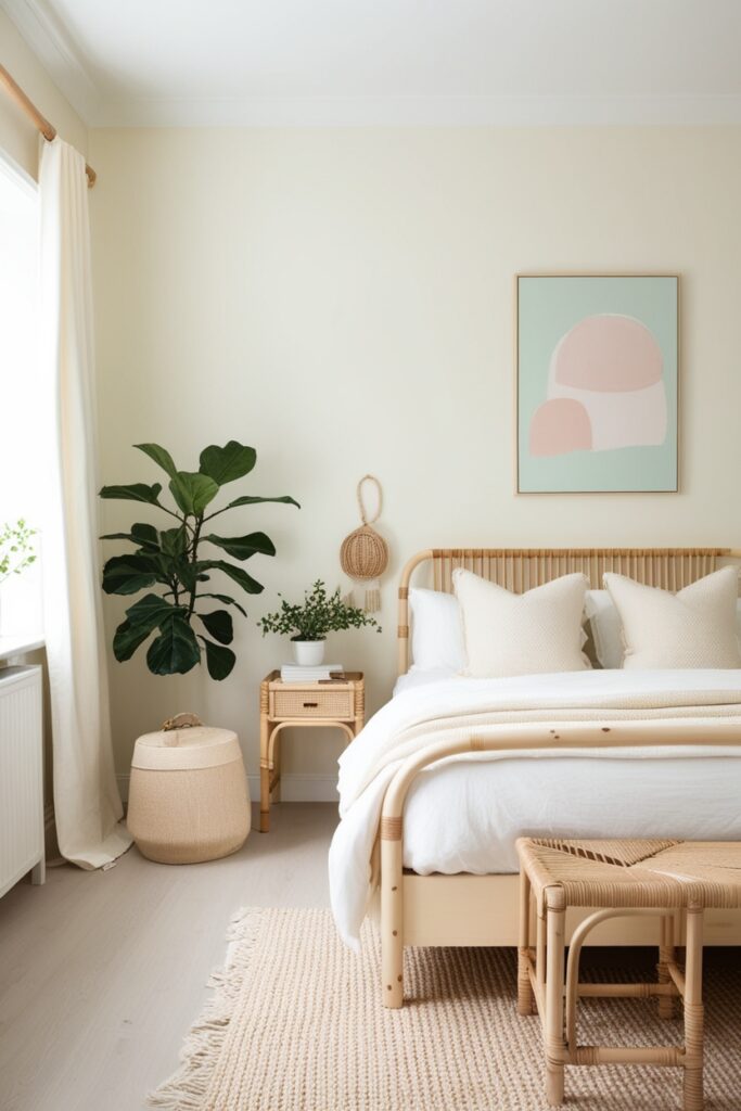 Scandinavian-style cream bedroom with light birch wood furniture, rattan accents, soft cream textiles, and potted greenery