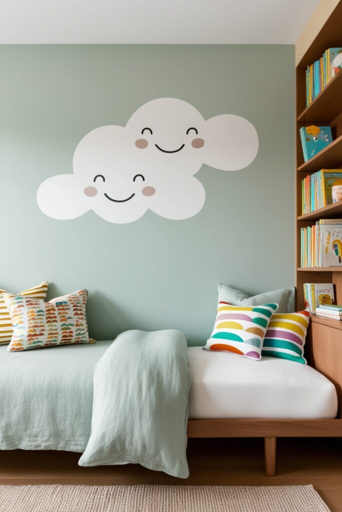 Scandinavian-style kids’ room with a white daybed, pastel striped cushions