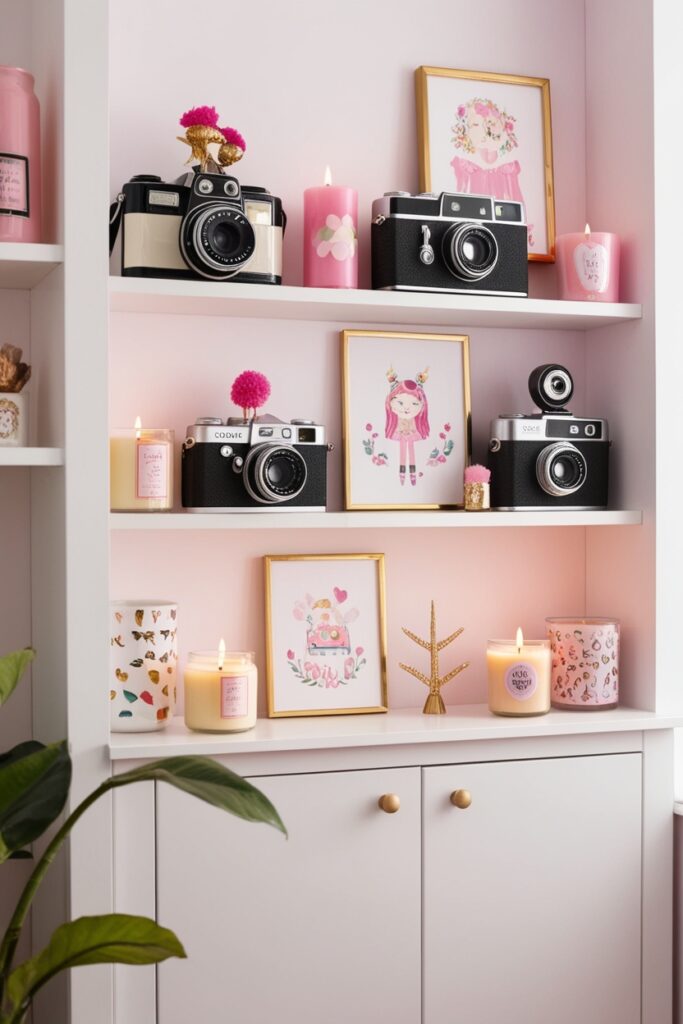 Shelf styled with quirky vintage cameras, girly art prints, candles, and tiny collectibles