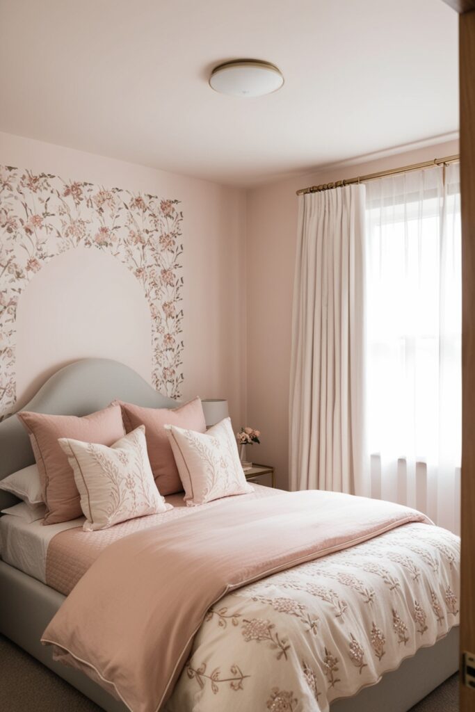 Small bedroom with soft pastel arch painted on the wall behind the bed, peel-and-stick floral wallpaper accent