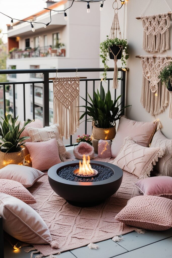 Small boho balcony with a round tabletop fire bowl, surrounded by cozy floor cushions, pastel pillows