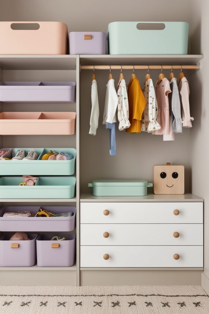 Small open closet in a kid’s room with neatly arranged pastel bins, hanging clothes