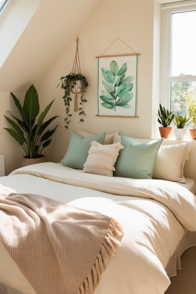 Soothing cream bedroom with sage green pillows, mint green art, potted plants, and neutral boho decor