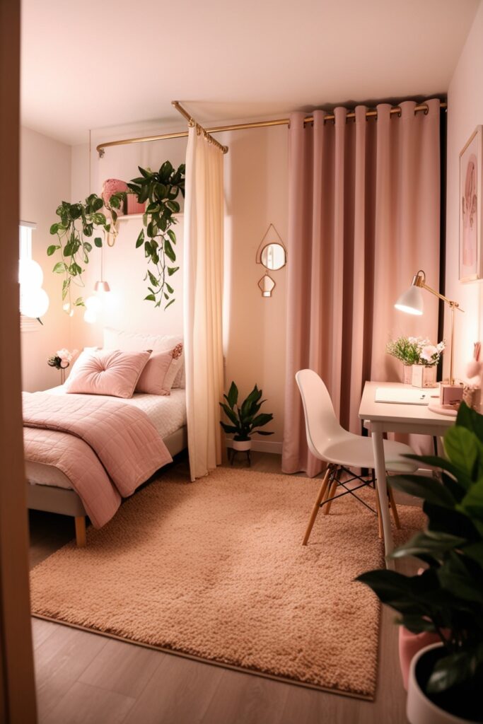 Studio-style small room with cozy zones bed corner, mini desk area, rug defining space