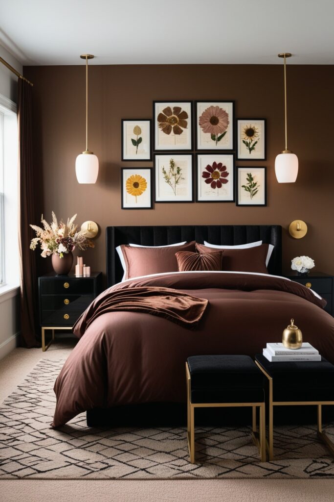 Stylish bedroom with a bold mix of brown and black