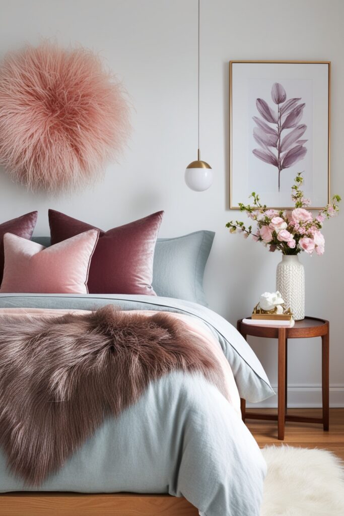 Stylish bedroom with a mix of textures—velvet pillows, linen sheets, a faux fur throw