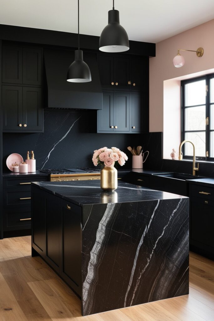 Stylish kitchen with black marble countertops featuring white veining, matte black cabinets