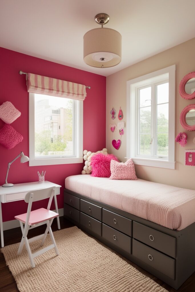 Tiny room with stylish ottoman storage, a daybed with drawers, pink and cream throw pillows