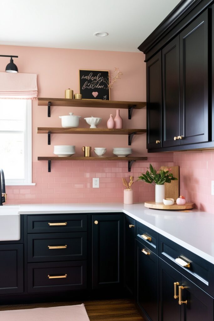 Trendy black kitchen with mixed finishes black cabinets, white countertops, blush pink backsplash