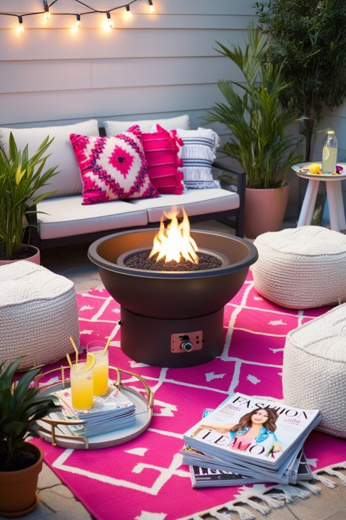 Trendy portable fire pit setup on a boho patio, pink and white patterned rug underneath