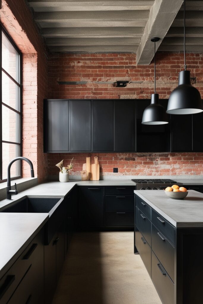 Urban loft-style kitchen with matte black steel cabinets, exposed brick walls, concrete countertops