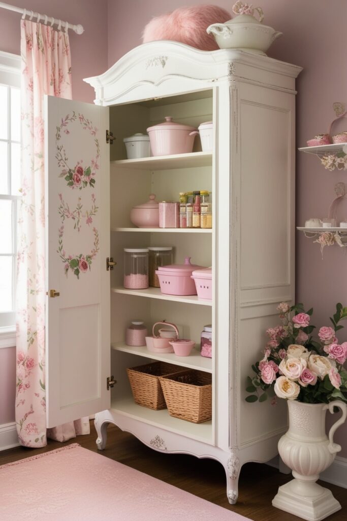 Vintage-inspired pantry with a shabby-chic white armoire turned pantry shelf