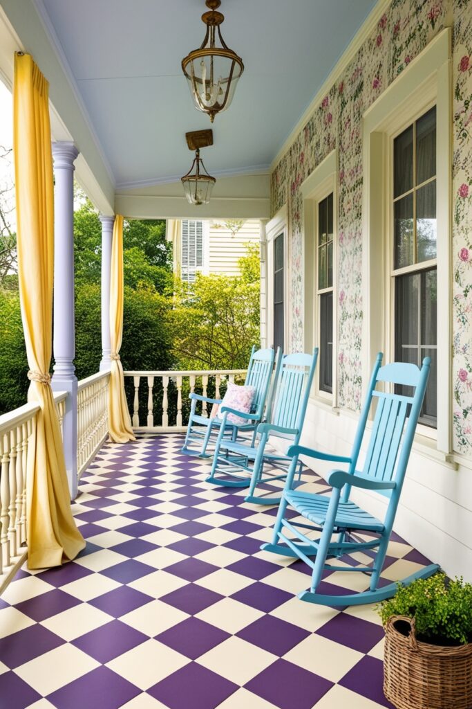 Vintage-themed porch with checkerboard tile flooring in lavender and cream, baby blue rocking chairs