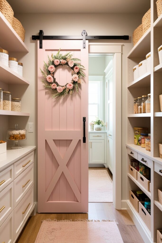 Walk-in pantry with a pastel pink sliding barn door, whitewashed wood and floral wreath detail