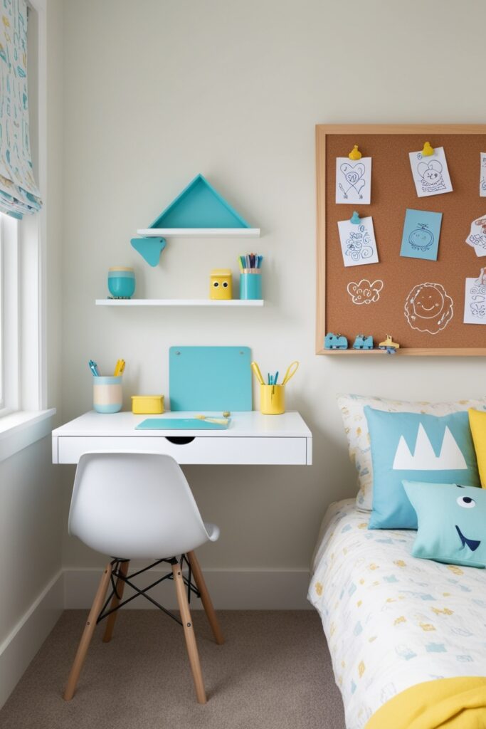 Wall-mounted floating desk in white with pastel accents, small modern chair, soft blue and yellow stationery