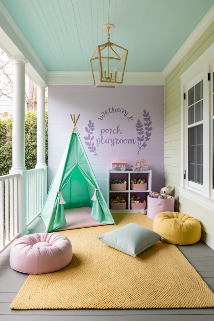 Whimsical enclosed porch playroom with mint green play tent, pastel-colored toy storage (2)