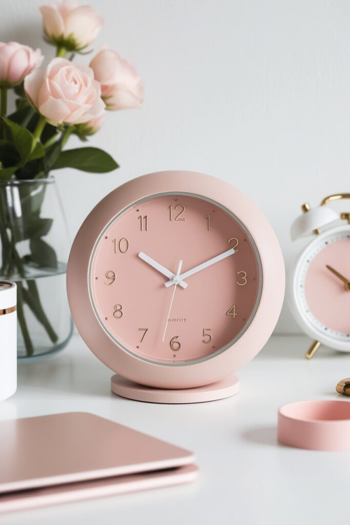 aesthetic desk scene with a round blush-toned desk clock