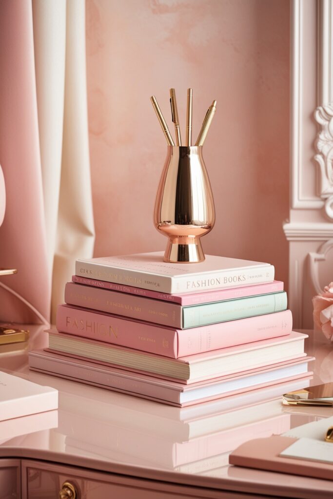 aesthetic desk setup with stacked pastel-colored books