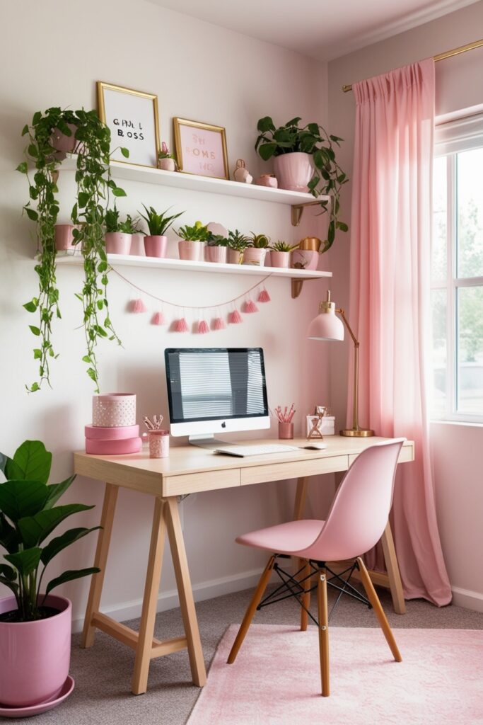 aesthetic home office with cute small plants