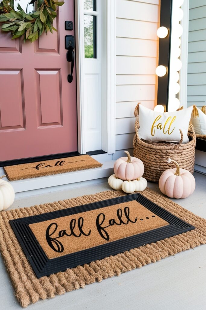 all entryway with a cute layered doormat setup, blush mini pumpkins in a woven basket, a fall quote