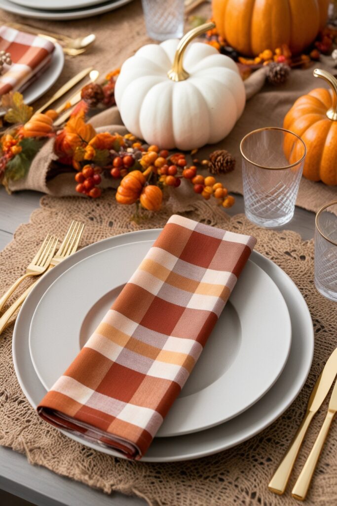 autumn table with plaid napkins in warm tones, neutral plates, soft gold cutlery