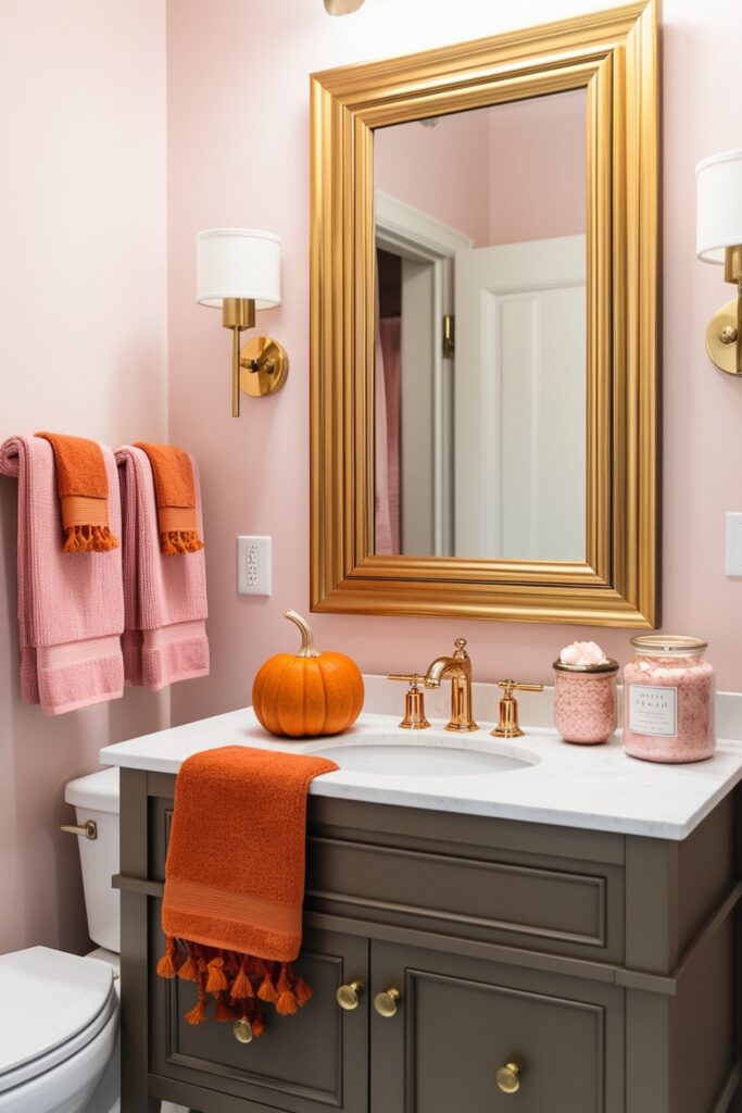 bathroom with blush and burnt orange towels, a small pumpkin on the vanity, a gold-framed mirror