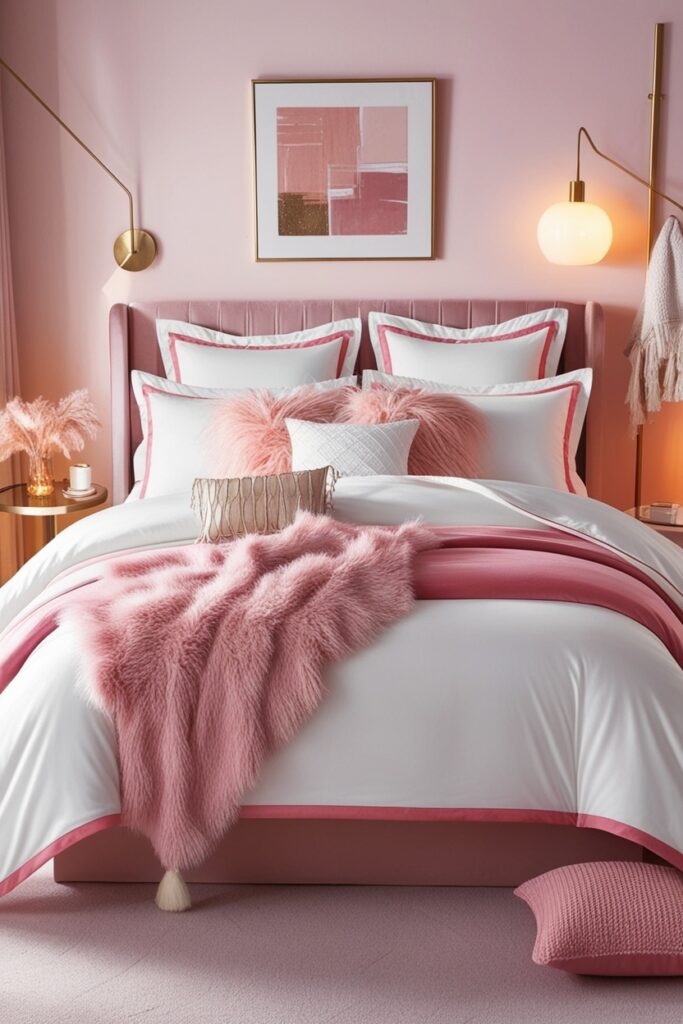 bed with layered white and pink bedding, fluffy throw blanket, decorative pillows, Euro shams