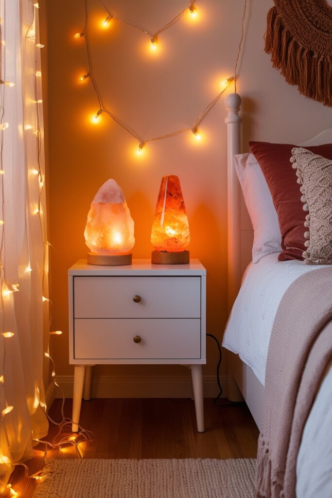 bedroom softly lit with warm fairy lights, a salt lamp glowing on a white nightstand