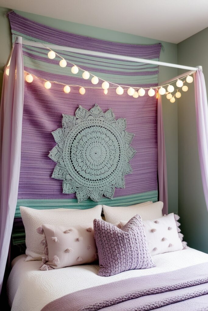 bedroom wall with a pastel woven tapestry in lavender and mint tones, cozy canopy bed below