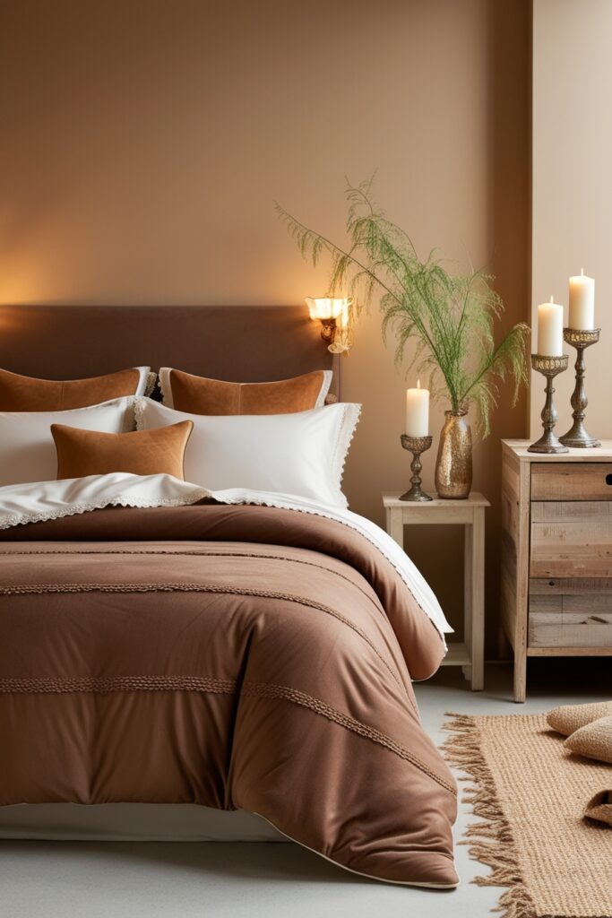 bedroom with brown textured comforter, white sheets, tan throw pillows