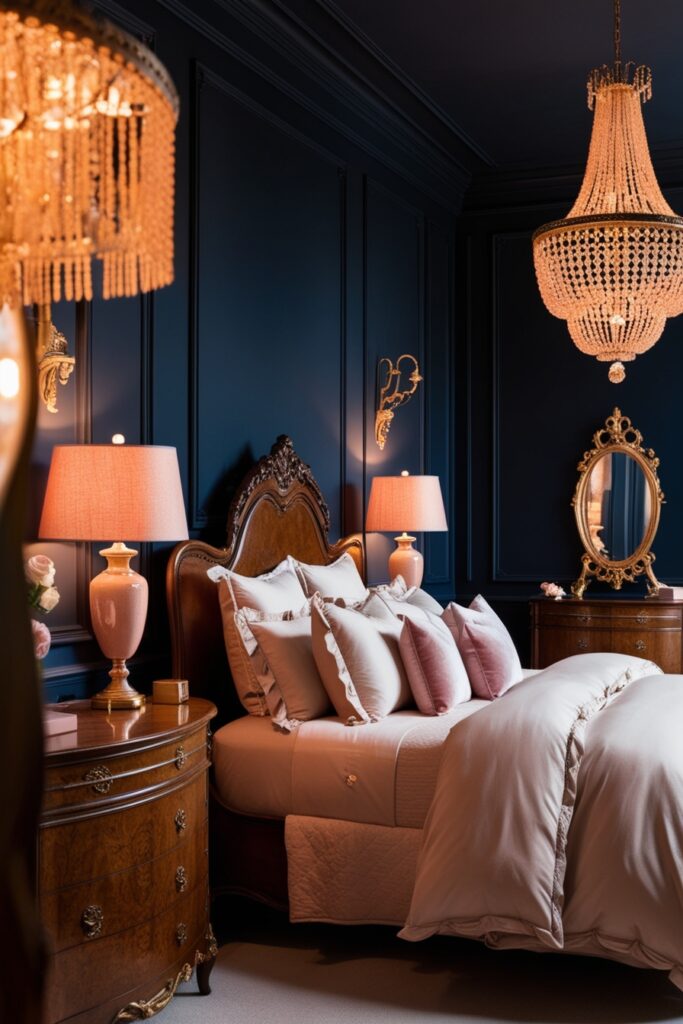 bedroom with navy blue walls and brown wood furniture