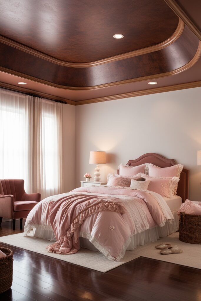 bedroom with unique brown ceiling, tan trim details, pink and white bedding