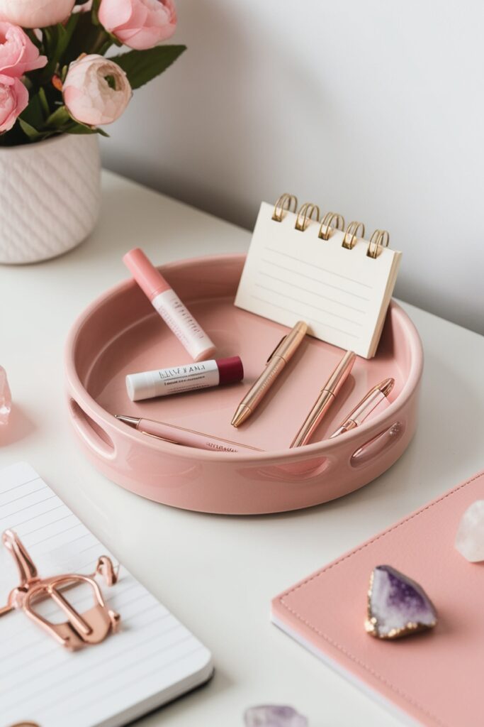 blush pink ceramic tray holding essentials like lip balm, pens, notepad, and crystals