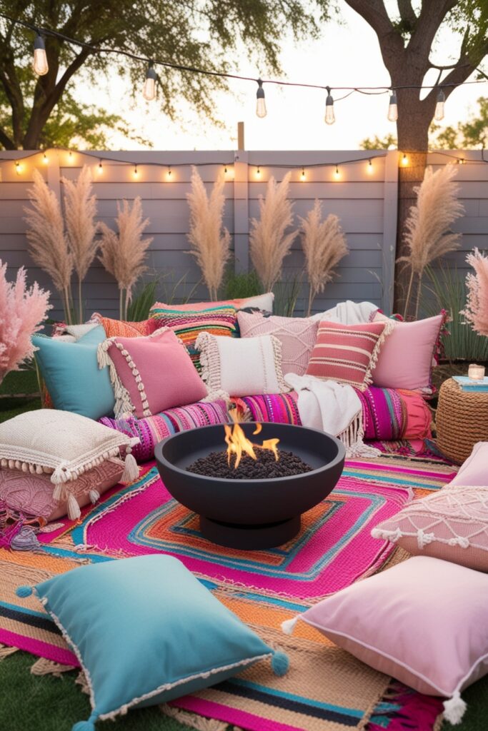 boho backyard fire pit with colorful layered rugs, tasseled pillows, low fire bowl in the center, hanging fairy lights,
