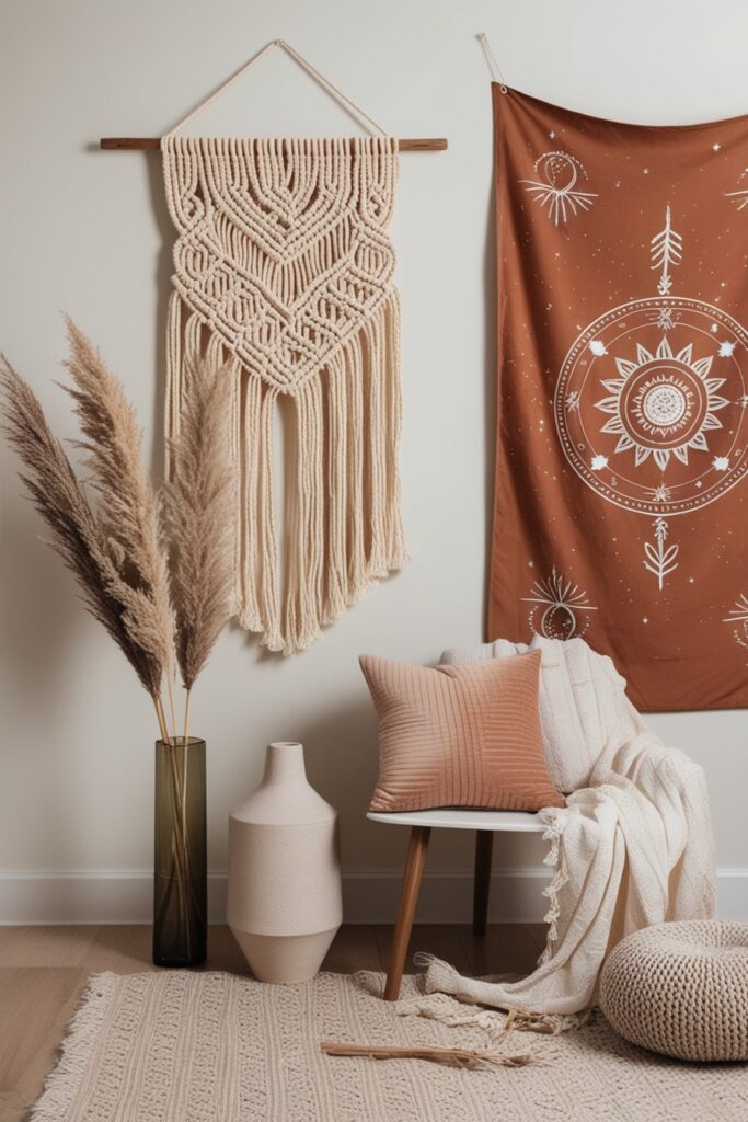 boho room with a cream macrame wall hanging, dried pampas grass in a vase