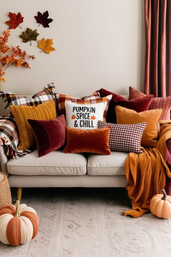 boho-style couch covered in assorted fall-themed pillows — plaid, corduroy, and velvet in mustard yellow