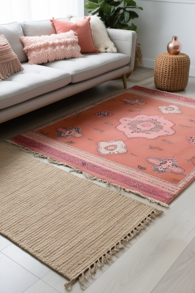 boho-style living room with layered area rugs