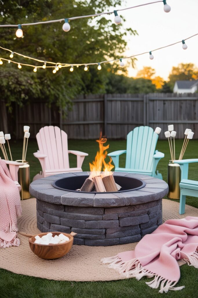 classic stone fire pit, soft string lights above, pastel-colored Adirondack chairs