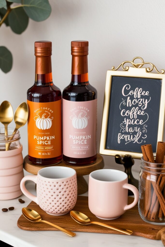 coffee station decorated with pumpkin spice syrup bottles, blush ceramic mugs
