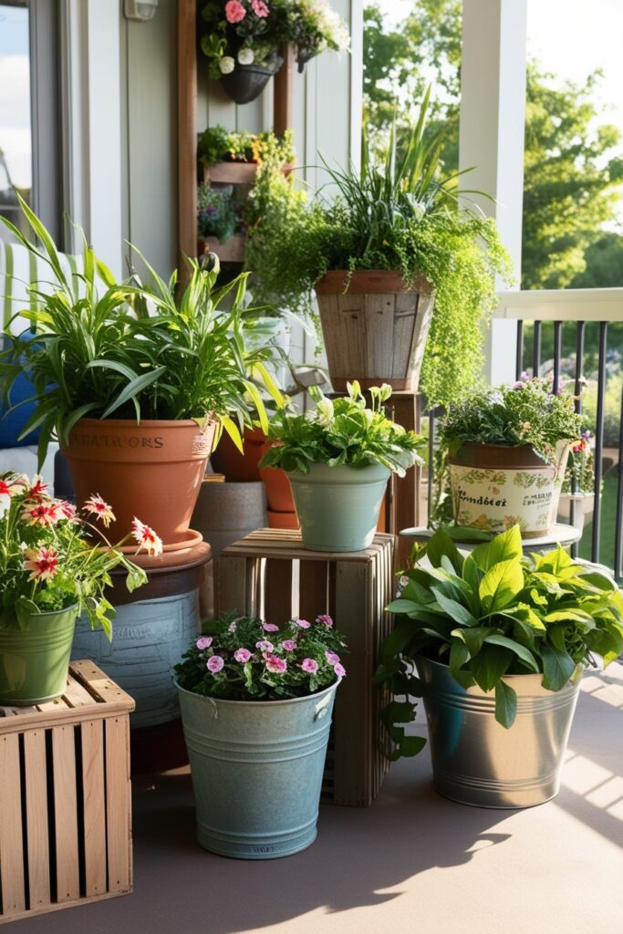 container plants in mismatched pots