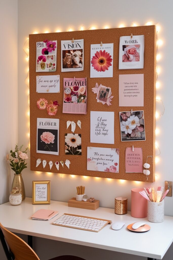 cork vision board filled with cute magazine cutouts, travel photos, inspirational quotes